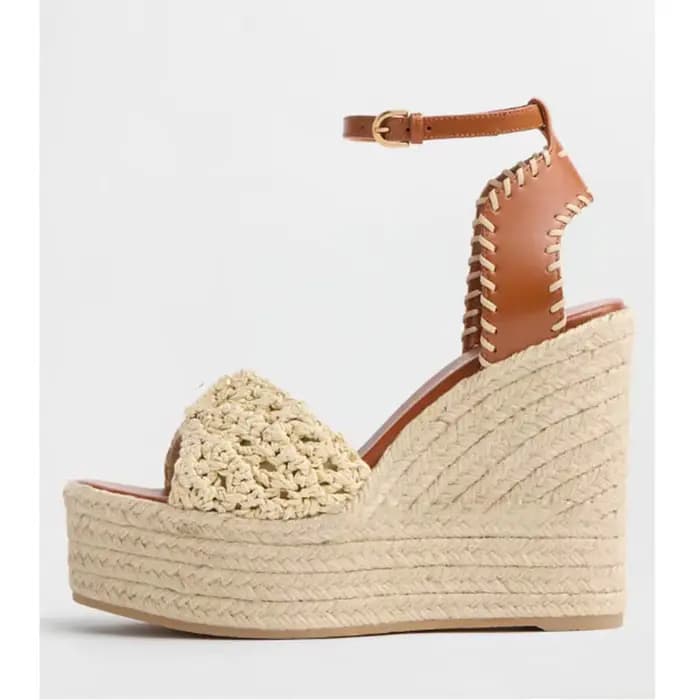 Sandales compensées en espadrille crochetées beiges pour femme avec bride de cheville en cuir et dét