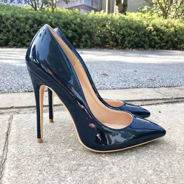 Tikicup femmes bleu marine brevet pompes coupe basse bout pointu talons aiguilles dames élégantes fo