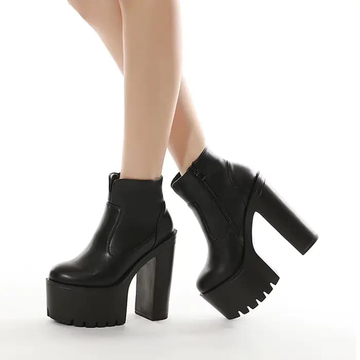 Gdgydh femmes couleur unie bloc bottes à talons mode côté fermeture éclair plate-forme bottes courte