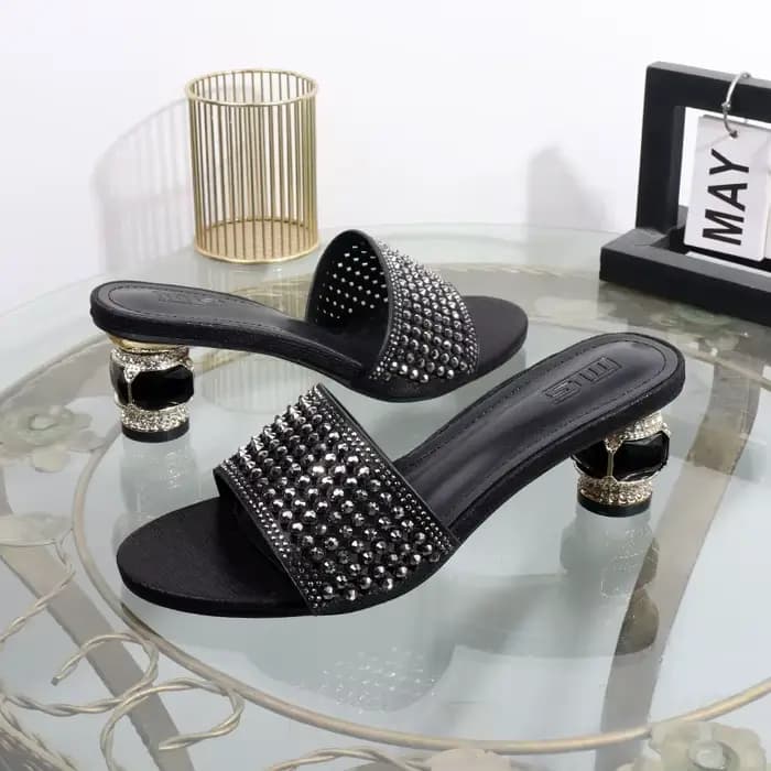 Sandales à talons dorés avec strass, pantoufles à talons épais pour femmes, pantoufles de luxe éléga