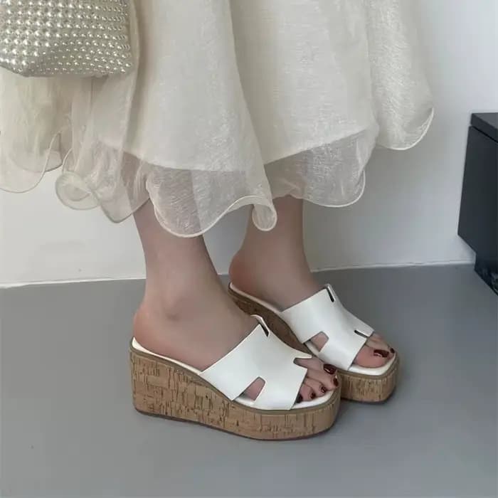 Talons noirs pantoufles été bloc chaussures compensées Sandales blanches décontracté Femme plate-for