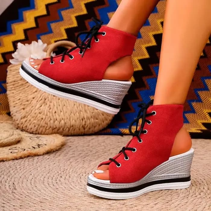 Sandales à talons compensés pour femmes, chaussures d'été à bout rond, bout ouvert, plateforme à lan