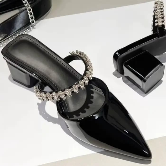Sandales mules en cuir verni à strass, mules à talon carré à bout pointu pour femme, à enfiler, pour