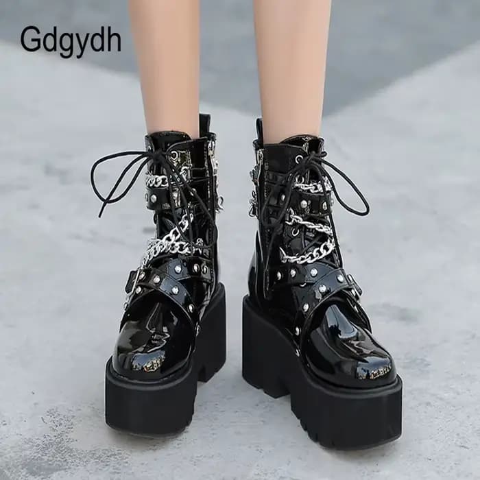 Gdgydh – bottes à chaîne Sexy pour femme, avec boucle de cheville, talon carré, semelle épaisse, Sty