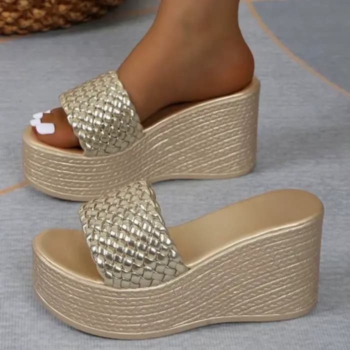 Femmes luxe décor sandales Super talons hauts or tissage compensées mode été décontracté en plein ai