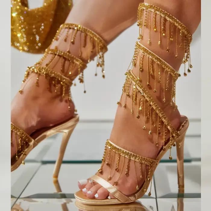 Eilyken doré cristal strass femmes sandales mode chaîne perle discothèque talon aiguille sangle enve