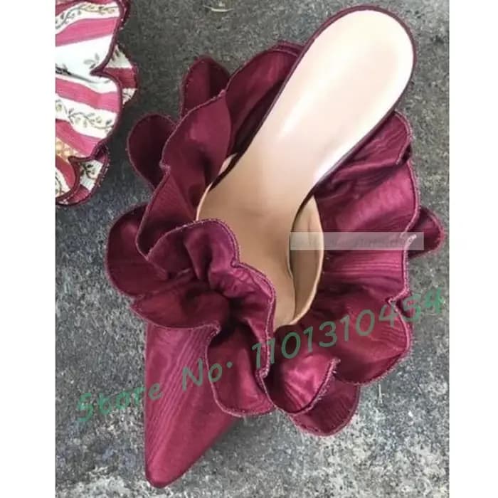 Mules à talons bas à volants verts pour femmes, fleur douce, design rond, chaussures pointues magnif