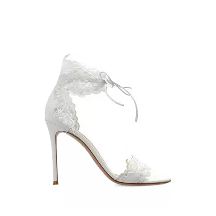 Sandales blanches à talons aiguilles pour femme, style romantique nuptial, avec dentelle florale fes