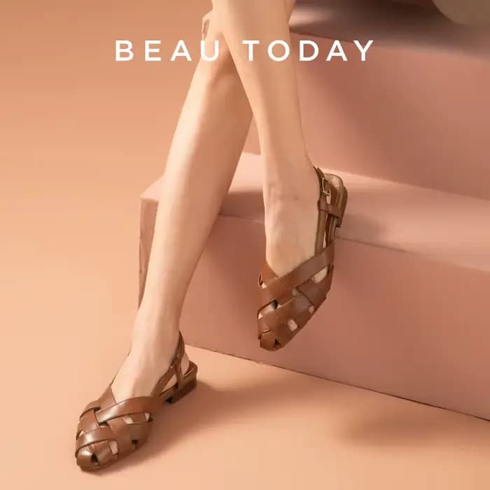 BEAUTODAY – sandales gladiateur en cuir de vache pour femmes, chaussures plates d'extérieur à bout p
