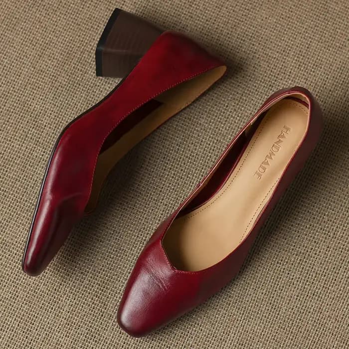 Danxuefei escarpins à enfiler en cuir de vache pour femmes, bout carré, talon moyen de 5cm d'épaisse