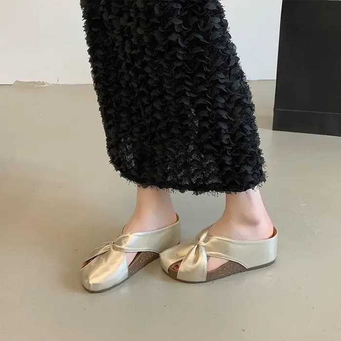Sandales Compensées Métalliques Femmes Sabots à Plateforme Bout Fermé Mules avec Nœud Ajouré Pantouf