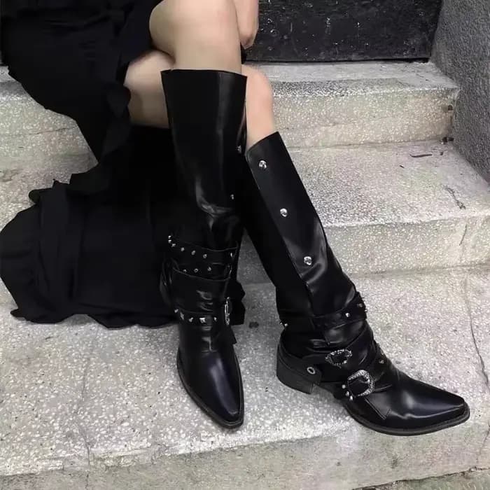 Chunky Knight Chaussures de moto en cuir pour femme, Plateforme haute, Talon bas, Noir, Punk, Gothiq