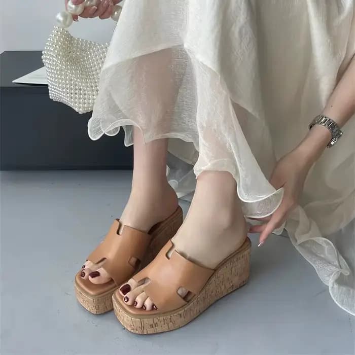 Talons noirs pantoufles été bloc chaussures compensées Sandales blanches décontracté Femme plate-for