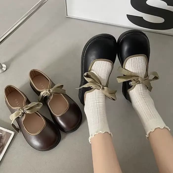 Chaussures Mary Jane à bout rond pour femmes, chaussures rétro à lacets avec nœud, plates, confortab