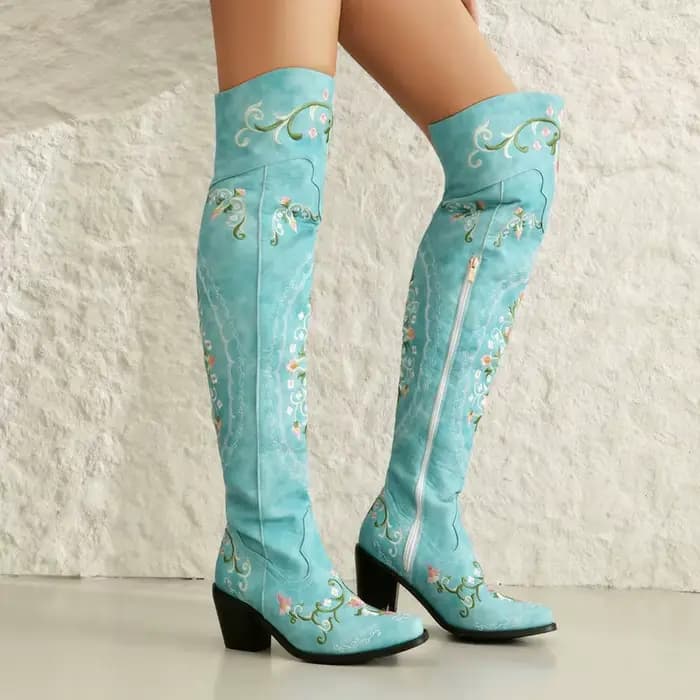 Mode Vintage lac bleu cuir fleurs broderie cuissardes mi talons épais fermeture éclair côté Floral T