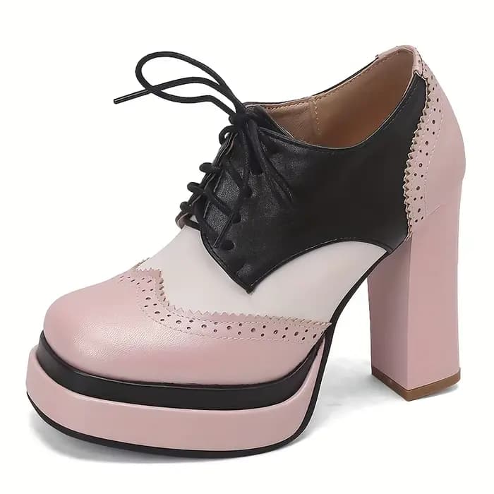 Escarpins Brogue à lacets et bout carré pour femmes, chaussures Oxford à talons hauts épais, couleur