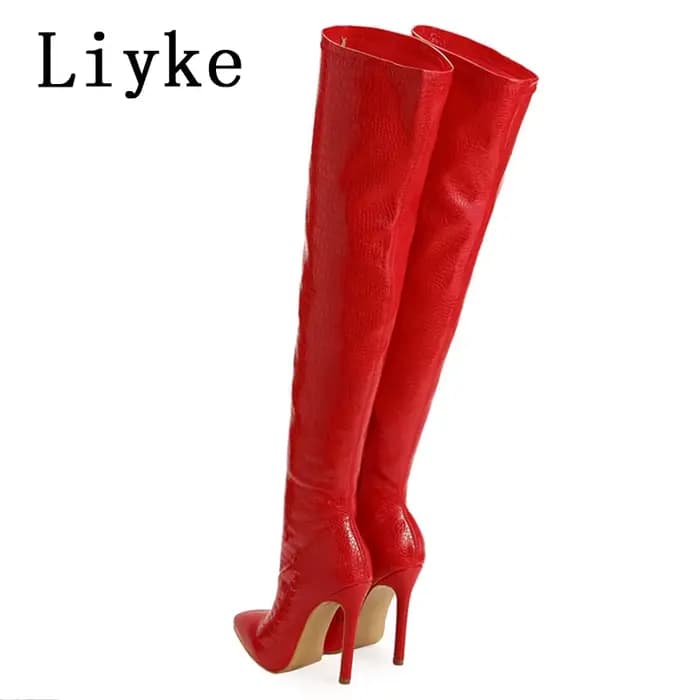 Liyke – bottes en cuir imprimé serpent rouge Sexy pour femmes, au-dessus du genou, escarpins à talon