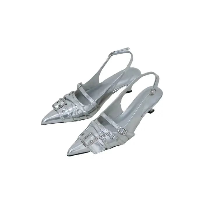 Sandales d'été neuves en cuir véritable à bout pointu argenté pour femmes, avec boucle de ceinture, 