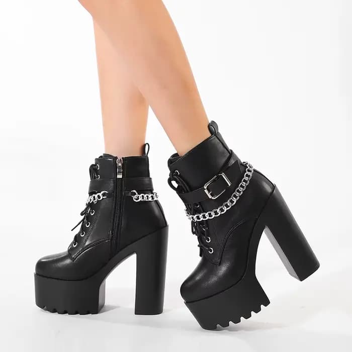 Gdgydh femmes chaîne décor bloc bottes à talons mode à lacets côté fermeture éclair plate-forme bott