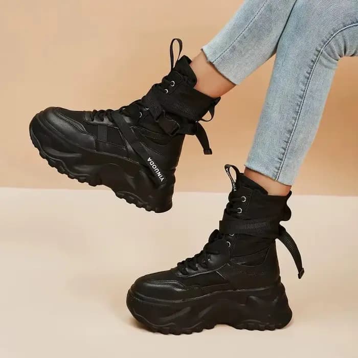 Bottes de moto noires à plateforme épaisse, à lacets, vulcanisées, pour femme, automne hiver 2026, b