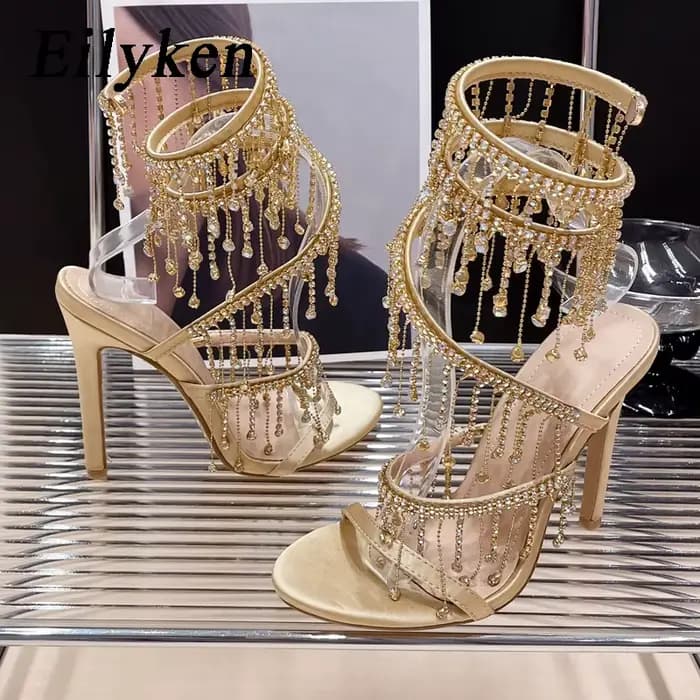 Eilyken doré cristal strass femmes sandales mode chaîne perle discothèque talon aiguille sangle enve