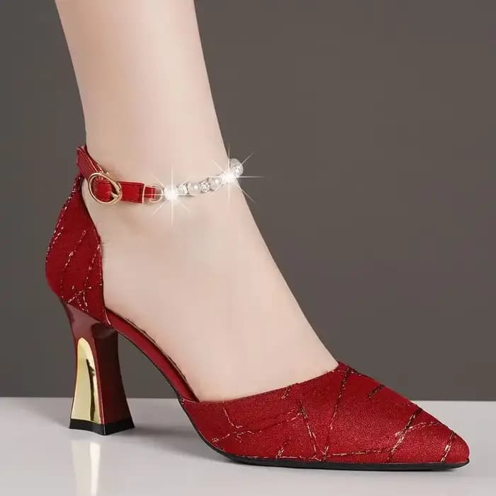 Sandales à bout pointu pour femmes, imitation perle, talons hauts, chaussures de mariage de luxe, ch