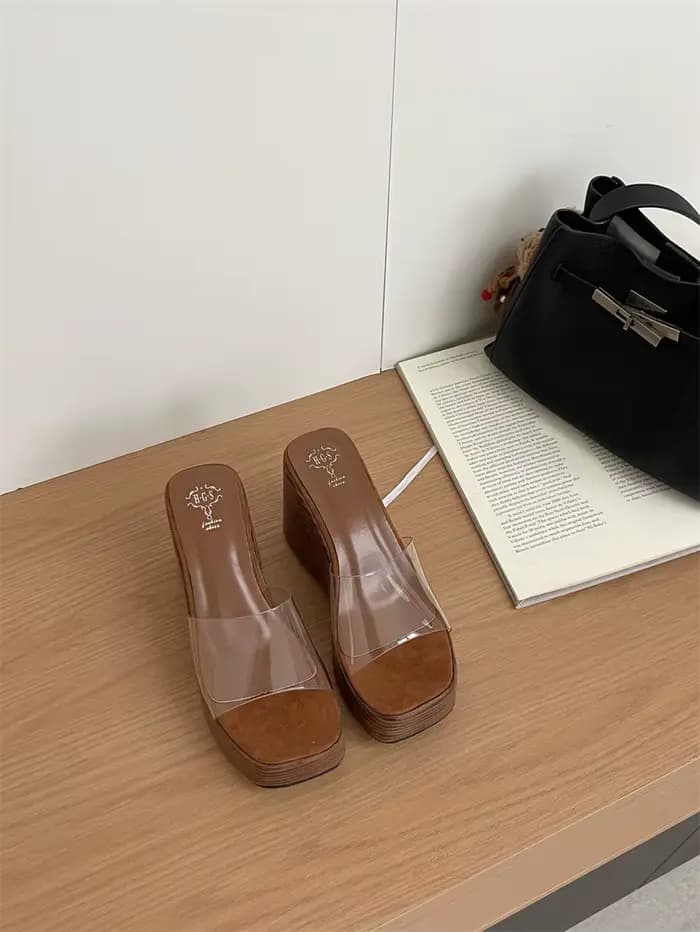 Sandales sexy pour femmes à talon haut effet bois, transparentes, à bout ouvert, talon compensé, pla