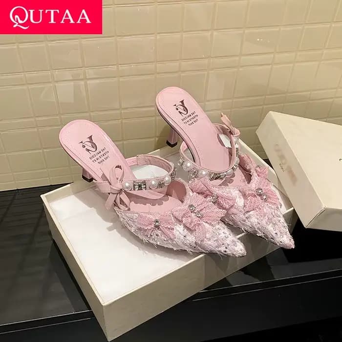 QUTAA 2025 mode femmes talons hauts sandales chaussures Sexy nœud bout pointu pantoufles de fête cha