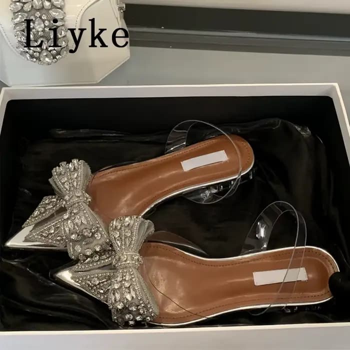 Liyke Design de mode cristal nœud papillon femmes pompes Sexy bout pointu Mules bas talons carrés Sl