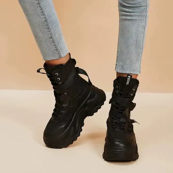 Bottes de moto noires à plateforme épaisse, à lacets, vulcanisées, pour femme, automne hiver 2026, b