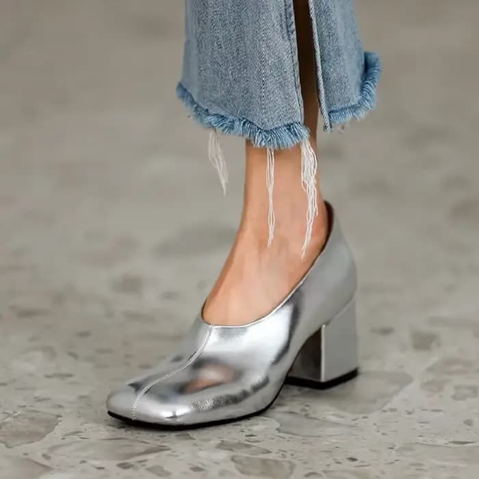 Escarpins Modernes Argentés en Cuir de Vache pour Femme, Chaussures Métalliques Carrées, sur Talon O