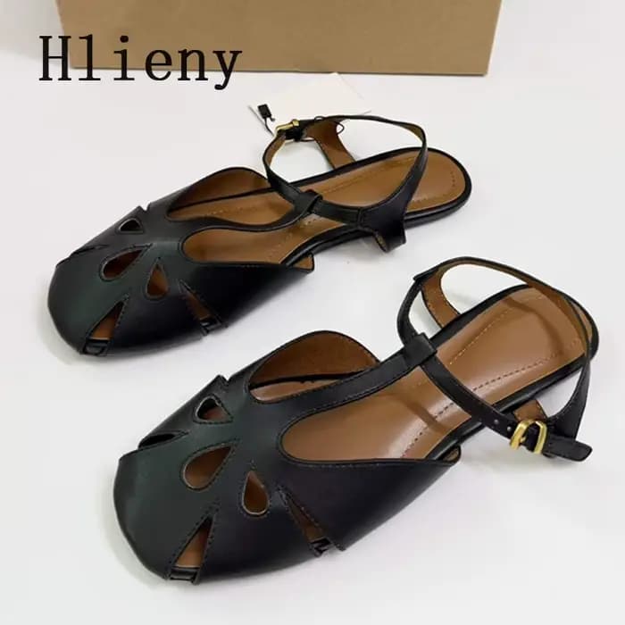 Sandales plates d'été Hlieny pour femmes, respirantes, ajourées, style rétro à bride en T, bout carr