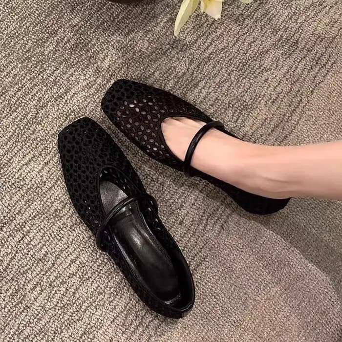 2025 zapatos de Ballet de malla hueca para mujer, sandalias transpirables Mary Jane con cabeza cuadr