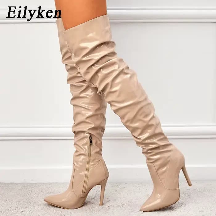 Eilyken-Cuissardes rouges pour femmes, cuissardes à talons hauts, cuir verni, solide, pointu, Parker