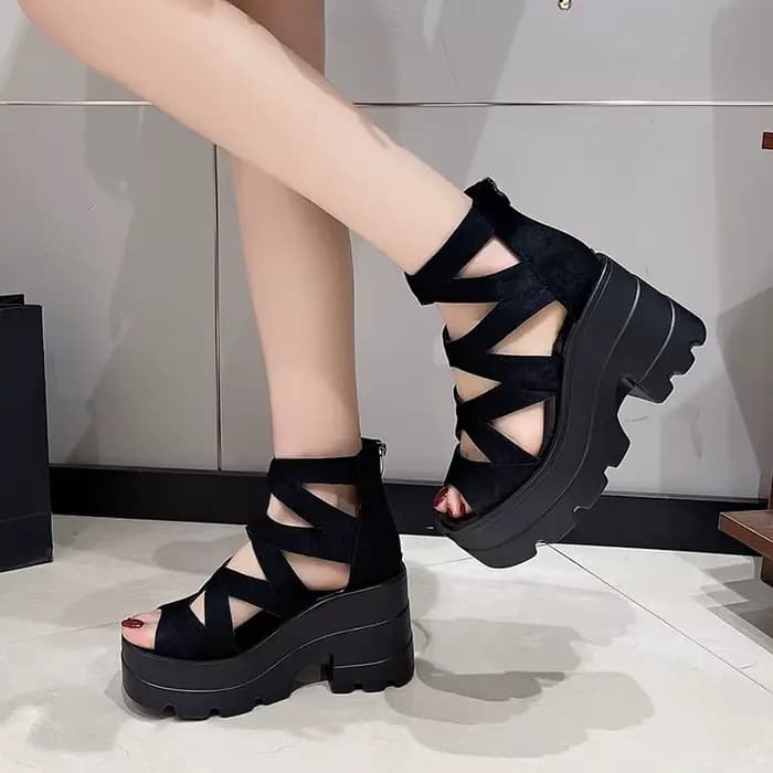 Sandales à talons carrés pour femmes, bout rond, daim creux, fermeture éclair arrière, bouche de poi