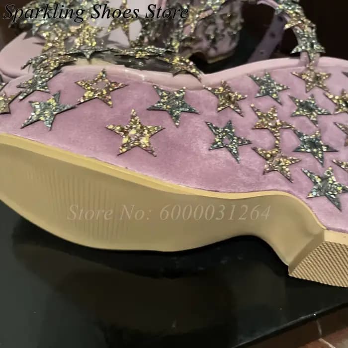 Sandales à talons épais avec étoiles roses scintillantes, Sweetbaby, à bout ouvert, avec bride à bou