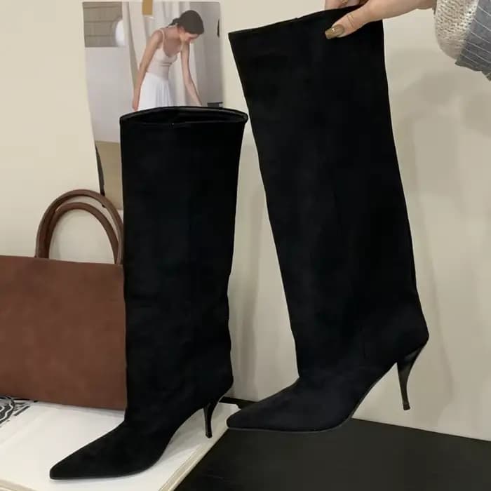 Eilyken mode Vintage talons fins femmes genou bottes hautes mode hiver Sexy bout pointu décapant cha
