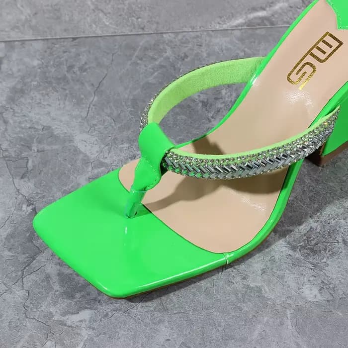 Tongs à bout carré en cristal pour femmes, talons aiguilles, vert, mode de rue, extérieur, chaussure