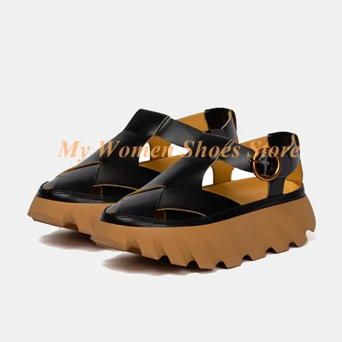 Sandales à talon compensé et découpes, à lanières en T, pour femme, printemps-été, avec boucle et bo