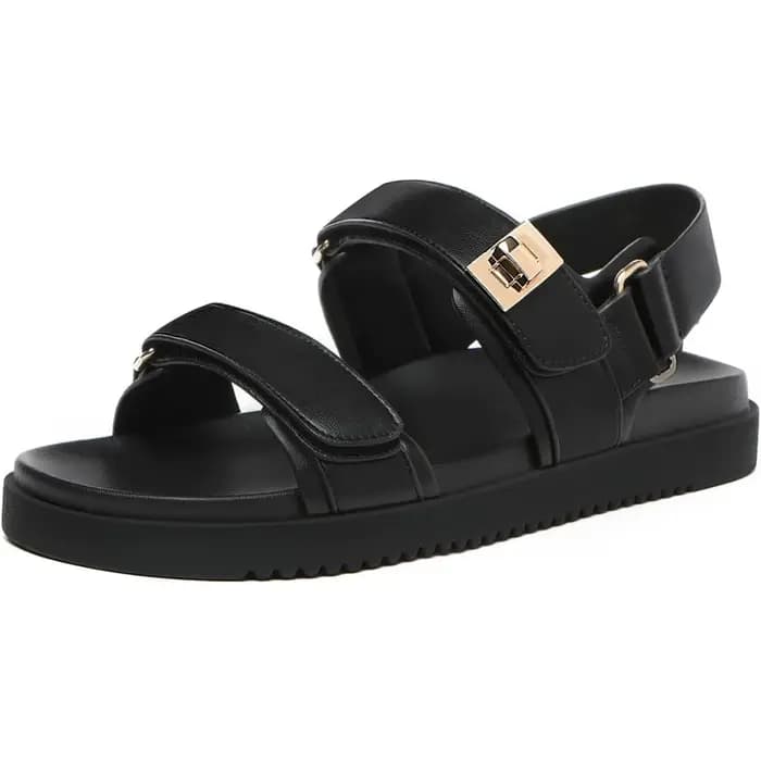 Sandales Plates Confortables et Réglables à Double Sangle pour Femme, Chaussures en Cuir à Enfiler