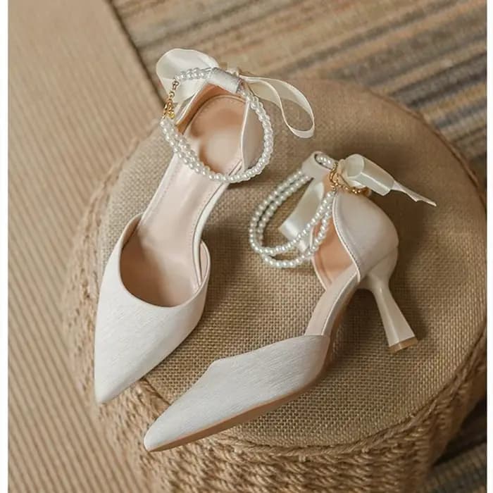 Escarpins élégants en Satin ornés de perles, escarpins à talons hauts épais, chaussures de mariée av
