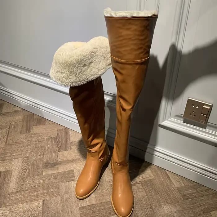 Hiver laine fourrure pliable haut sur le genou bottes femme chameau noir huile cire cuir fourrure bo