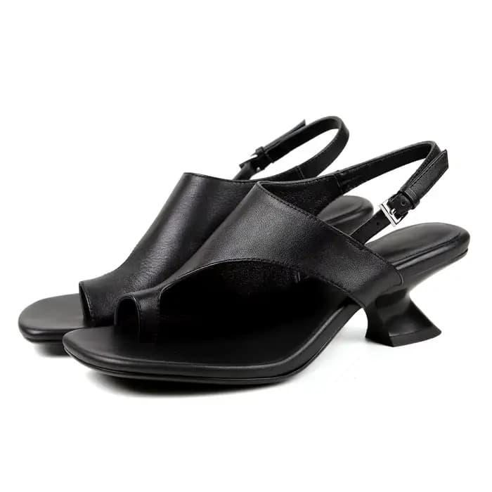 Sandales à talons épais en cuir véritable pour femmes, Style classique, avec bout carré et chaussure