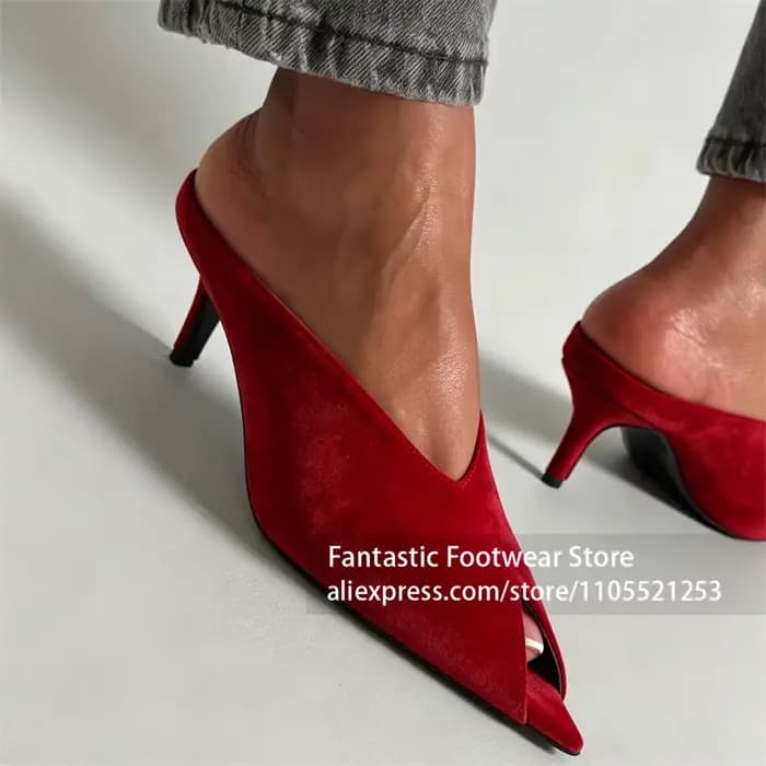 Mules en daim à bout pointu en V, style sexy, à enfiler, chaussures d'été, style créateur, talons ha