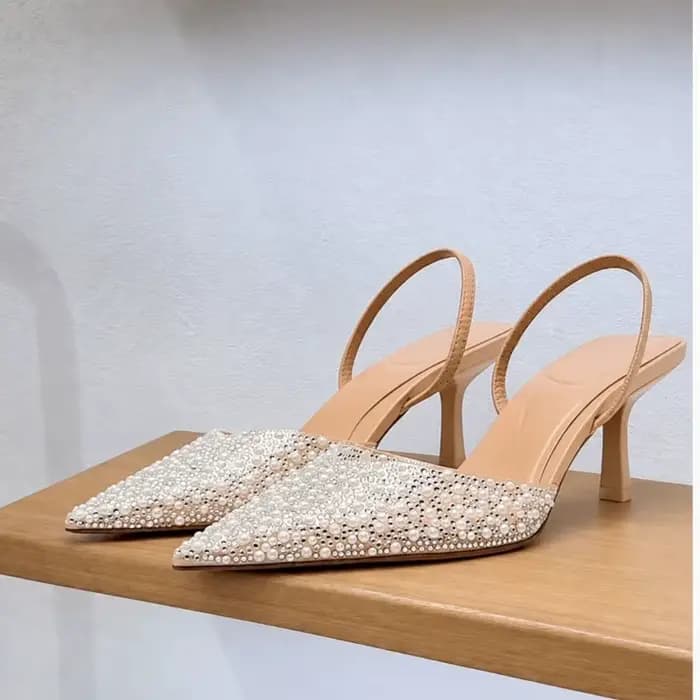 Sandales à talons hauts pour femmes, collection été 2026, avec perles, bride arrière, bout pointu, é