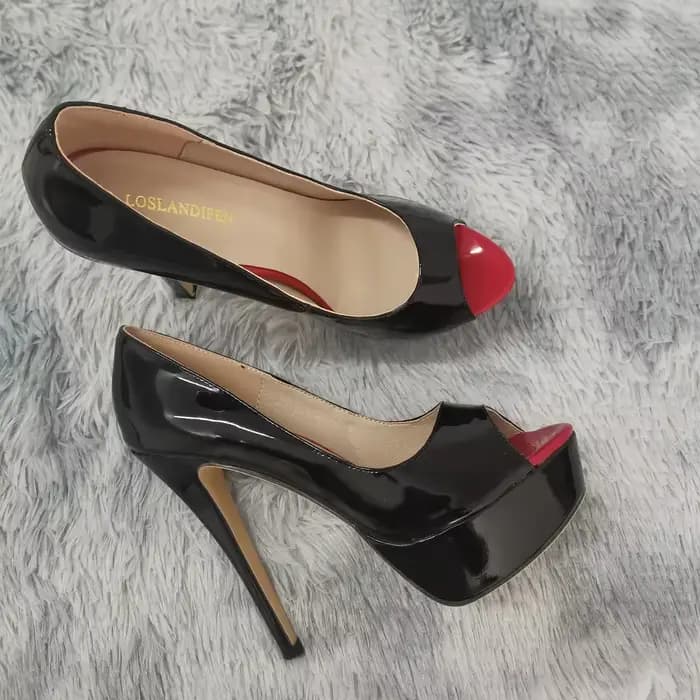 LOSLANDIFEN-Escarpins Sexy en Cuir Verni pour Femme, Chaussures à Talons Super Hauts, Plateforme Pee
