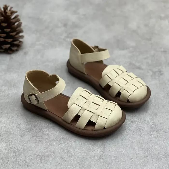 Sandales Plates Rétro en Cuir de Vache pour Femme, Chaussures Tissées, Saines et Respirantes, Été