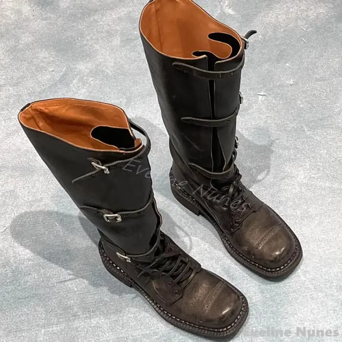Bottes hautes en cuir conviviale ré pour femmes, bottes de chevalier, plate-forme ronde, sangle croi