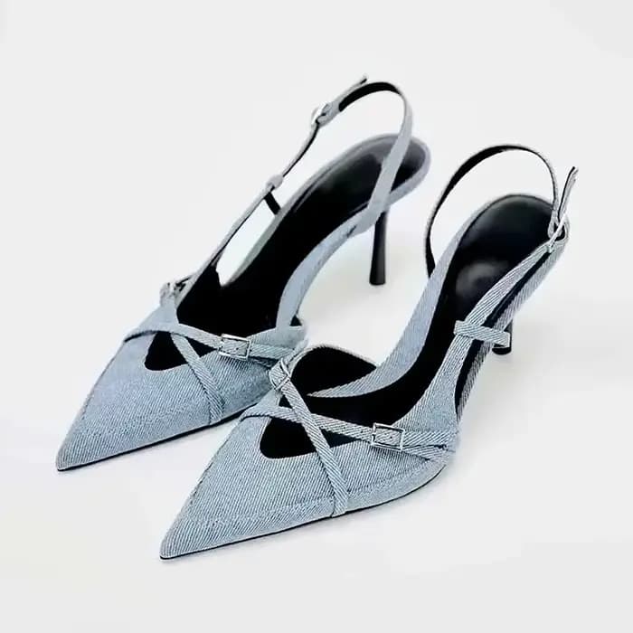 Sexy bout pointu sandales à talons hauts pour dame bleu Denim talons aiguilles mode boucle sangle ch