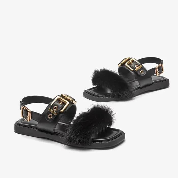 BeauToday-Sandales Plates en Cuir de Vache pour Femme, Chaussures à Fourrure Carrées, Design de Viso